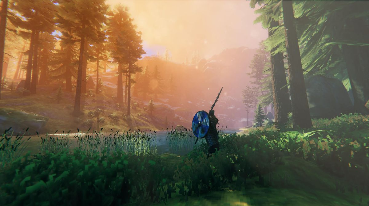 Valheim player scouting a bright Meadows and forest border