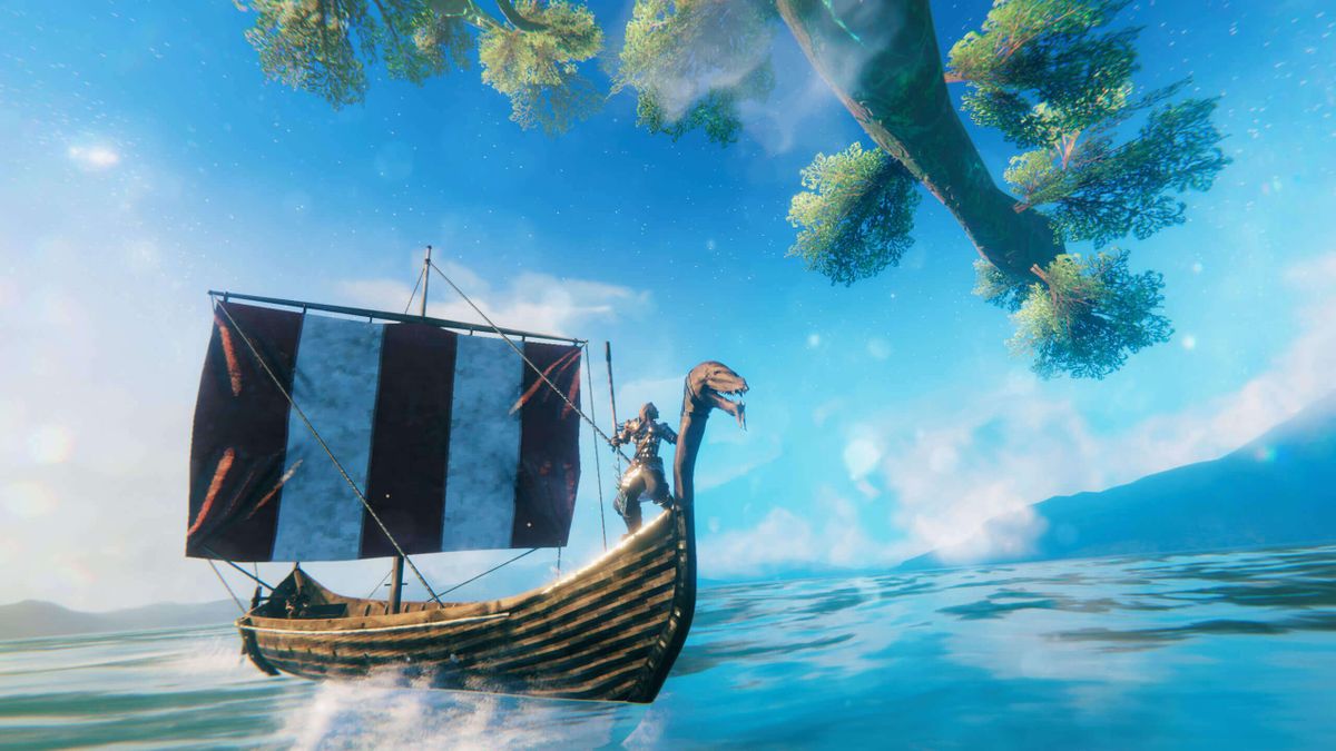 Valheim longship sailing toward distant unexplored land