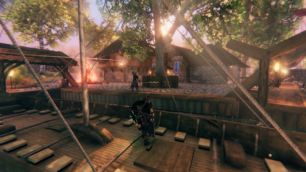 Valheim fortified village and dock seen from a ship
